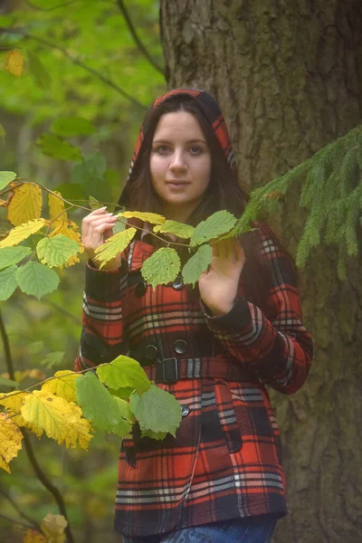 Brunette Meisje Een Geruite Jas Herfst Park — Stockfoto