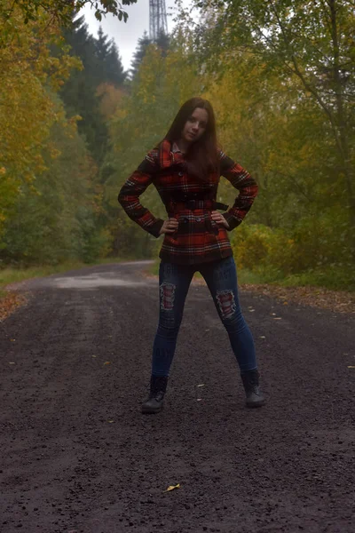 Brunette Fille Dans Manteau Carreaux Dans Parc Automne — Photo