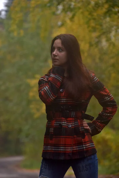 Chica Morena Abrigo Cuadros Parque Otoño — Foto de Stock