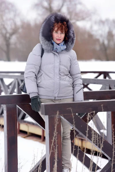 Woman Winter Gray Jacket Fur Trim — Stock Photo, Image