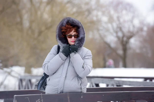 Mujer Invierno Una Chaqueta Gris Con Adorno Piel —  Fotos de Stock