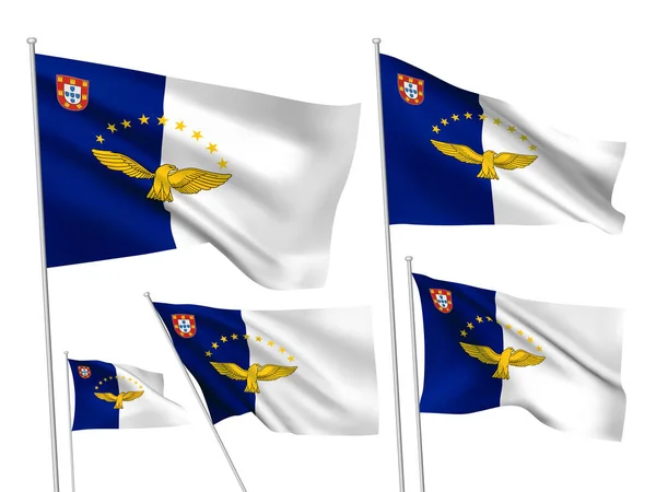 亚速尔矢量旗子集合 五种不同的波浪形面料三维旗帜在风中飘扬 Eps 8使用在白色背景上隔离的渐变网格创建 来自世界系列的五个设计元素 — 图库矢量图片
