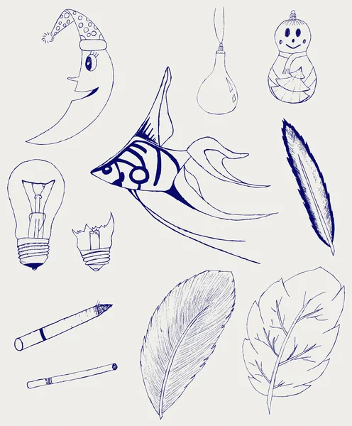 Set of Hand-Drawn Design Elements, Shapes, lightbulb, crescent, cigarette, fish, foliage, christmas toy — Stock Photo, Image