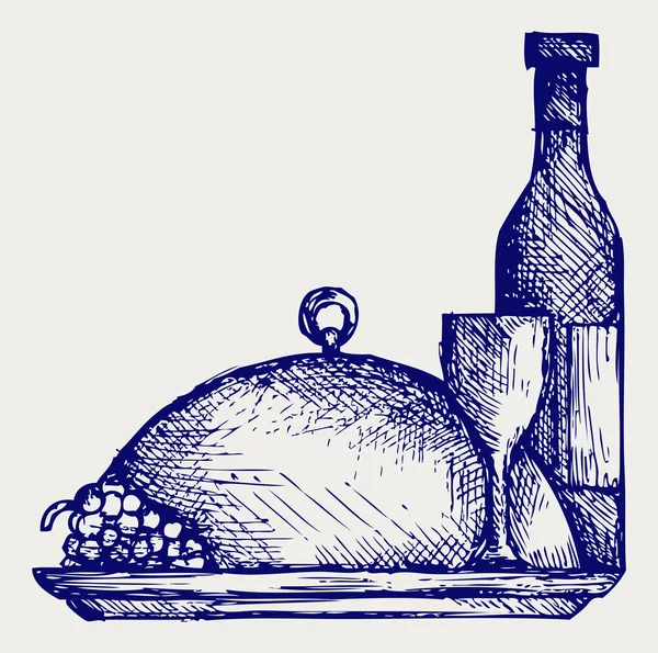 Виноград, пляшки та келихи вина на круглому підносі — стоковий вектор