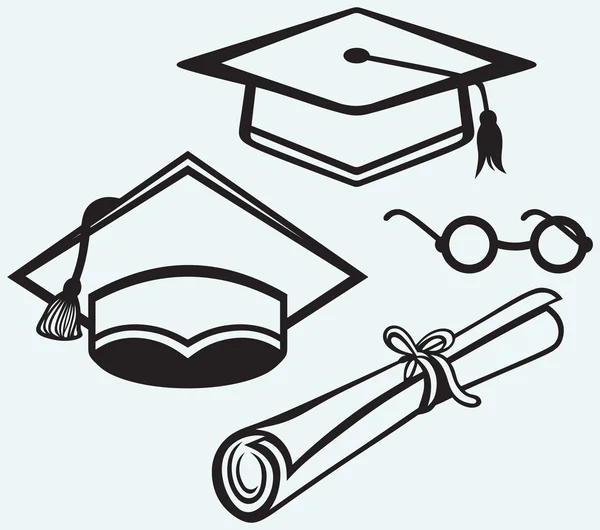 Accesorios para estudiantes. Tapa de graduación, puntos y diploma — Vector de stock