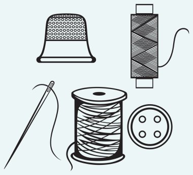 Spool with threads, sewing button and thimble clipart