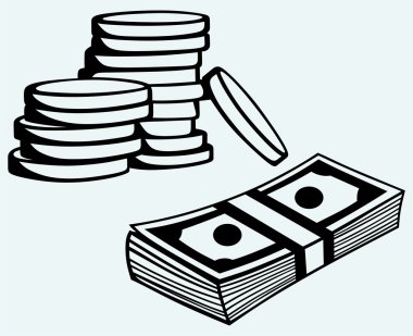 yığın dolarlık banknot ve madeni paralar
