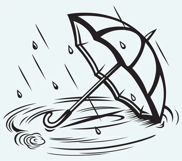 Rain drops rippling in puddle and umbrella — Stock Vector