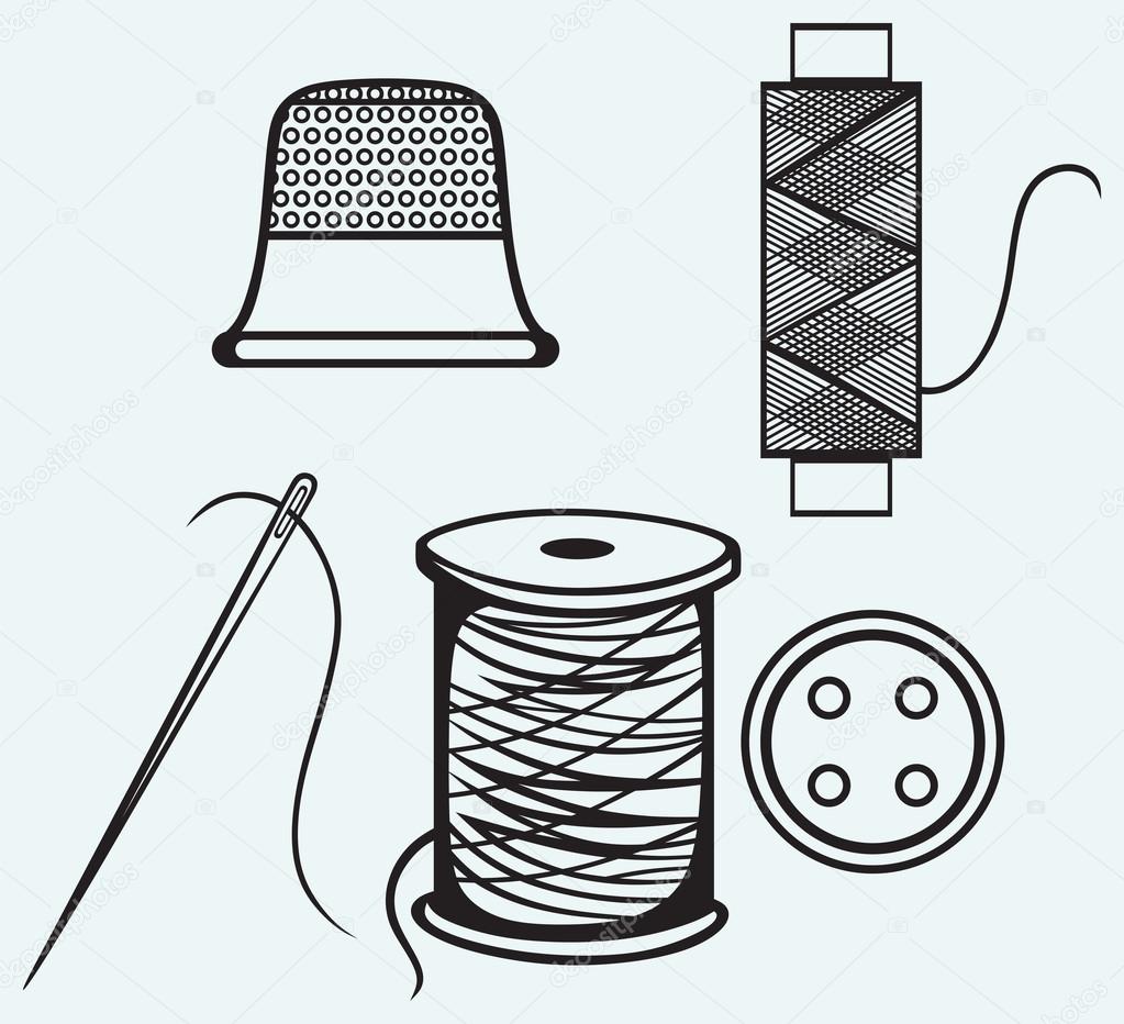 Spool with threads, sewing button and thimble