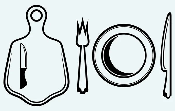 Cuchillo sobre tabla de cortar y utensilios de cocina — Vector de stock