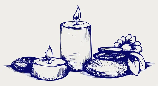 Piedras de basalto, flores y velas — Vector de stock