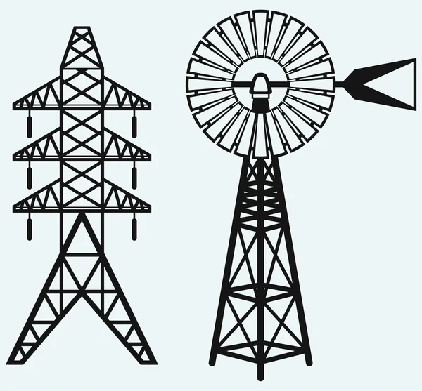 Старий вітряк і електричний полюс — стоковий вектор