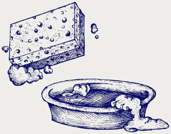 Svamp och skål med vatten — Stock vektor