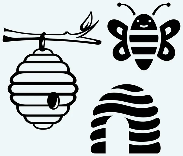 Abejas melíferas y colmena — Vector de stock