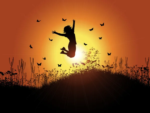 Девушка прыгает на закат неба — стоковое фото