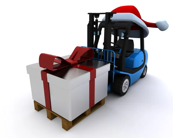 Вилочный погрузчик с подарочной коробкой на Рождество — стоковое фото