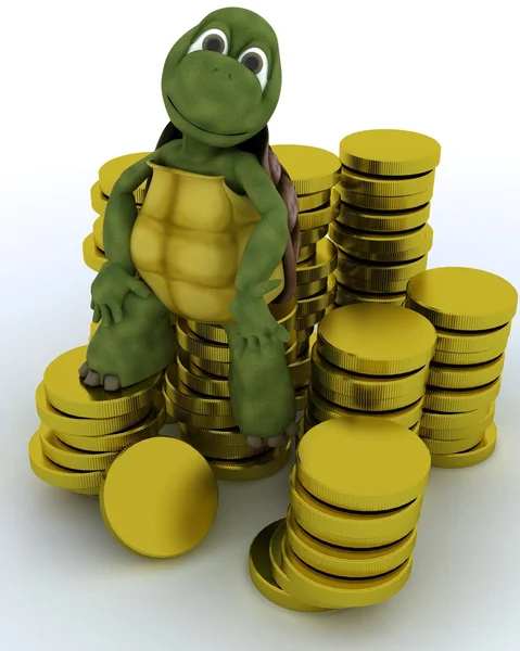 Schildkröte saß auf Goldmünzen — Stockfoto