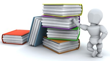 3D render, insan ve kitap yığını
