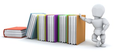 3D render, insan ve kitap yığını