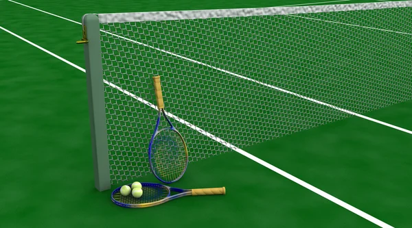 Raquete de tênis e bolas — Fotografia de Stock