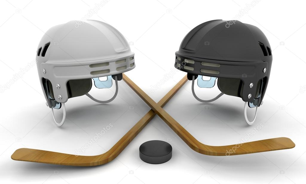 Ice hockey helmets, sticks and puck Stock Photo by ©kjpargeter 36891033