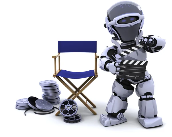 Robot with clapper boards and film reels — Stock Photo, Image