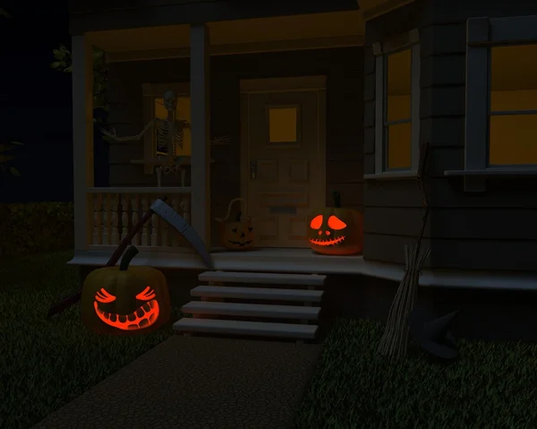 Calabazas de Halloween jack-o-linterna en el paso de la puerta —  Fotos de Stock