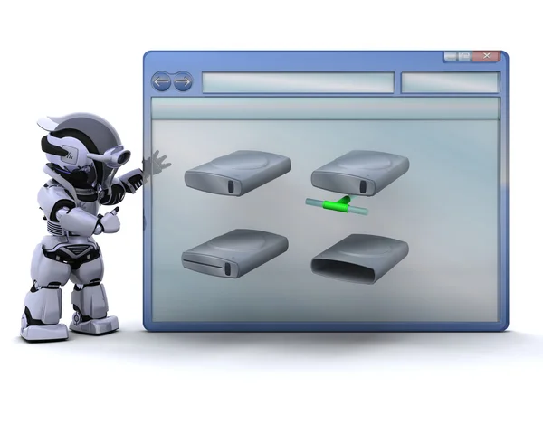 Робот с окном компьютера и иконками дисков — стоковое фото