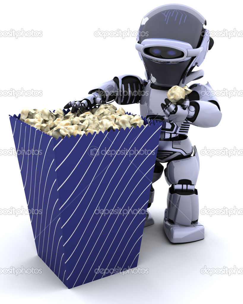 robot with a box of popcorn