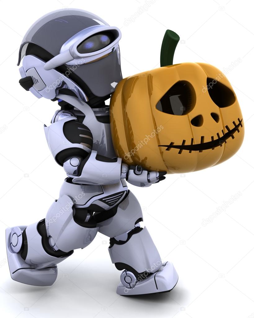 robot with jack o lantern pumpkin
