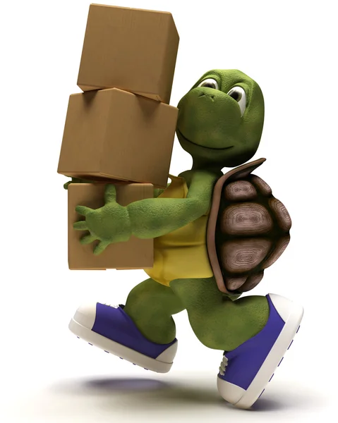 Caricatura di tartaruga che corre con i cartoni di imballaggio — Foto Stock
