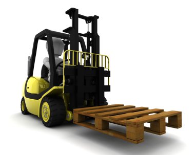 adam sürüş üzerinde beyaz izole çatal kaldırma kamyonu