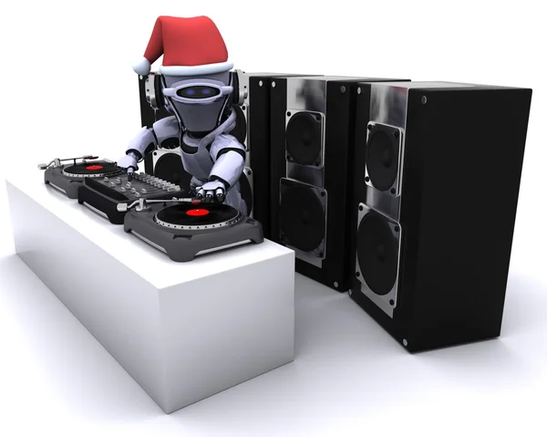Roboter-DJ mischt Platten auf Plattenspielern — Stockfoto