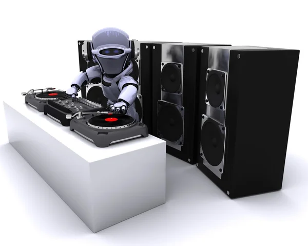 Roboter-DJ mischt Platten auf Plattenspielern — Stockfoto