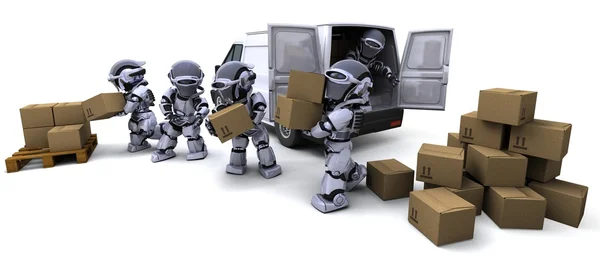 Robot s přepravní boxy načítání van — Stock fotografie
