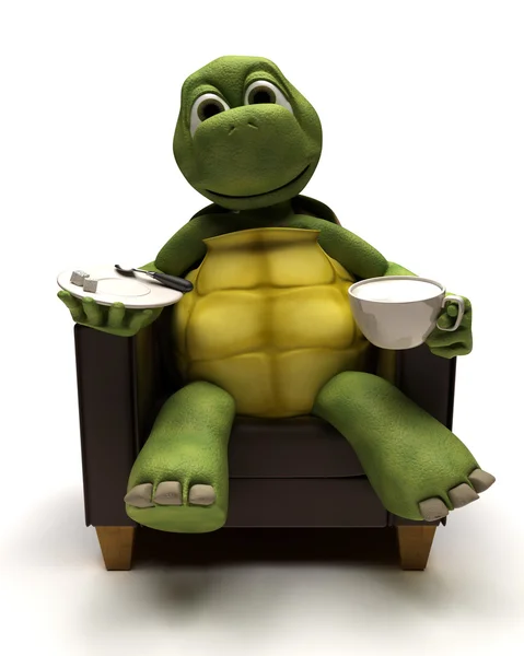 Tortoise relexing in armchair with a coffee — Stock Photo, Image