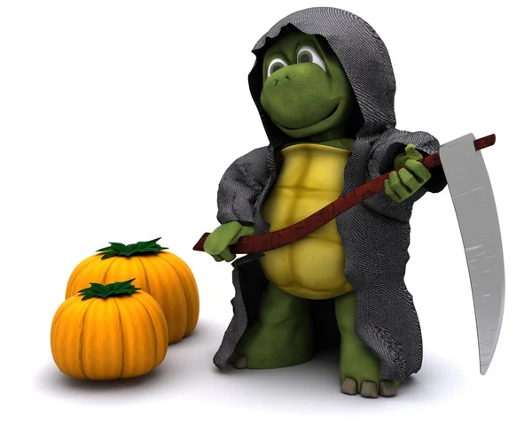 Sköldpadda klädd som Liemannen för halloween — Stockfoto