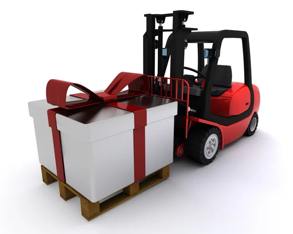 Forklift truck with christmas gift box — Stock Photo, Image