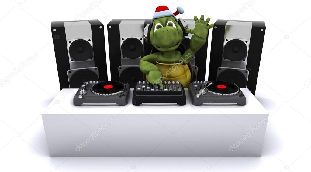Christmas tortoise DJ mixing records on turntables