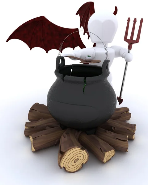Deamon with cauldron of eyeballs on log fire — Stock Photo, Image