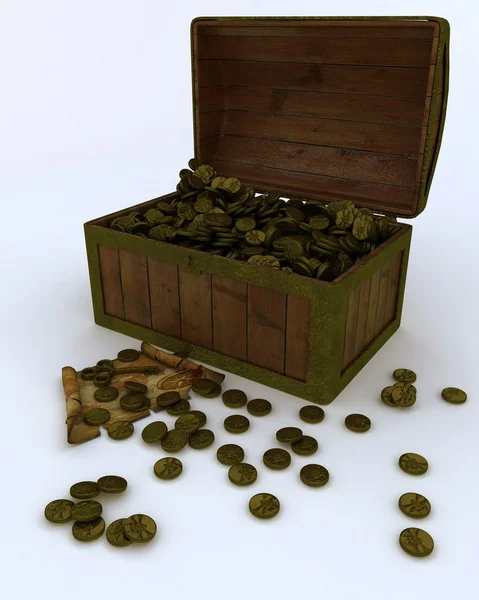 Caixa do tesouro cheia de moedas de ouro com mapa e chave — Fotografia de Stock