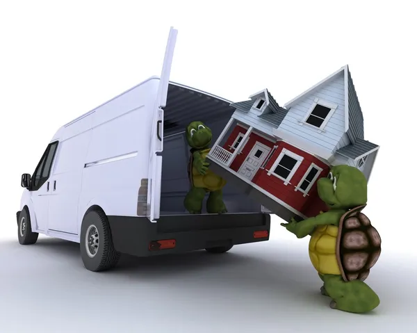Χελώνες φόρτωση ένα σπίτι σε ένα σπίτι σε ένα φορτηγό — Φωτογραφία Αρχείου