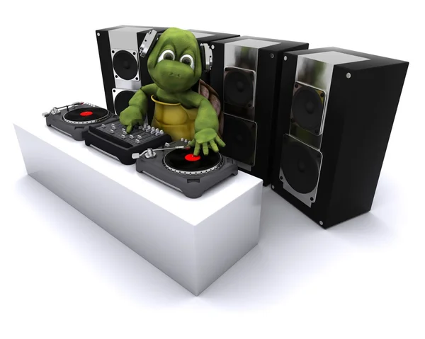 Tortoise DJ mixing records on turntables — Stock Photo, Image
