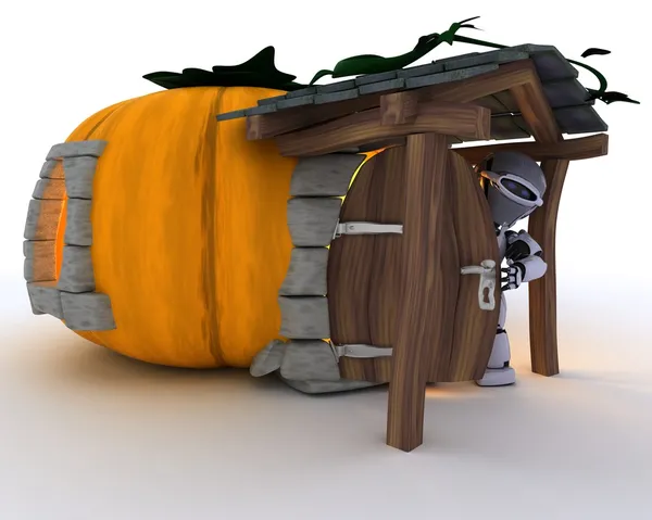 Robot in Halloween Pumpkin Cottage — Stock Photo, Image