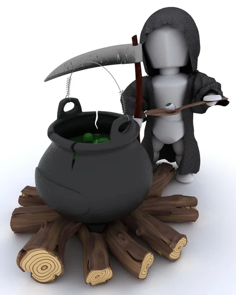 Grim reaper with cauldron of eyeballs on log fire — Stock Photo, Image