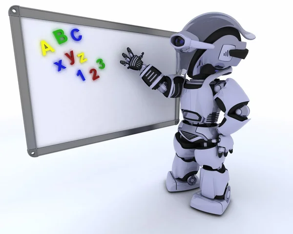 Robô com placa de marcador de drywipe de sala de aula branca — Fotografia de Stock