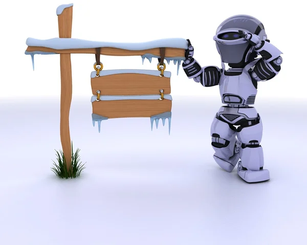 Robot con una señal de tráfico en blanco congelado — Foto de Stock