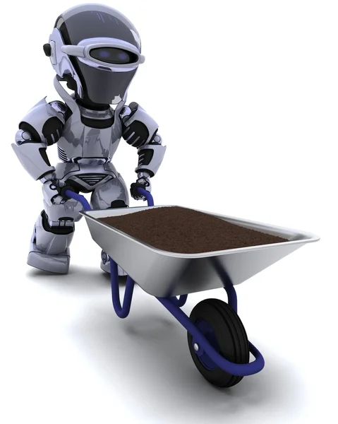 Zahradník robota s kolo trakař nesoucí půdy — Stock fotografie
