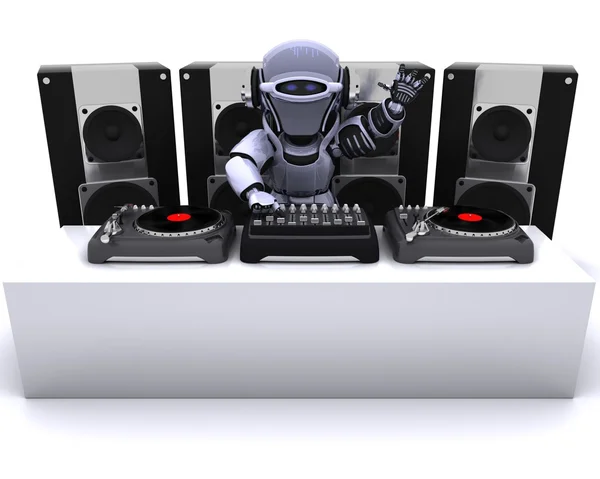 Roboter-DJ mischt Platten auf Plattenspielern — Stockfoto