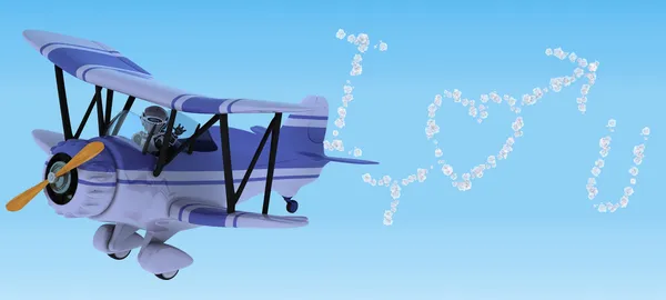 robot flying a biplane sky writing